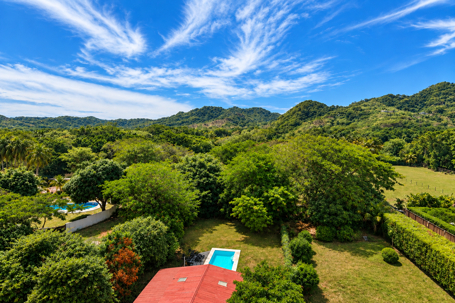 Aerial view of the house and its surroundings