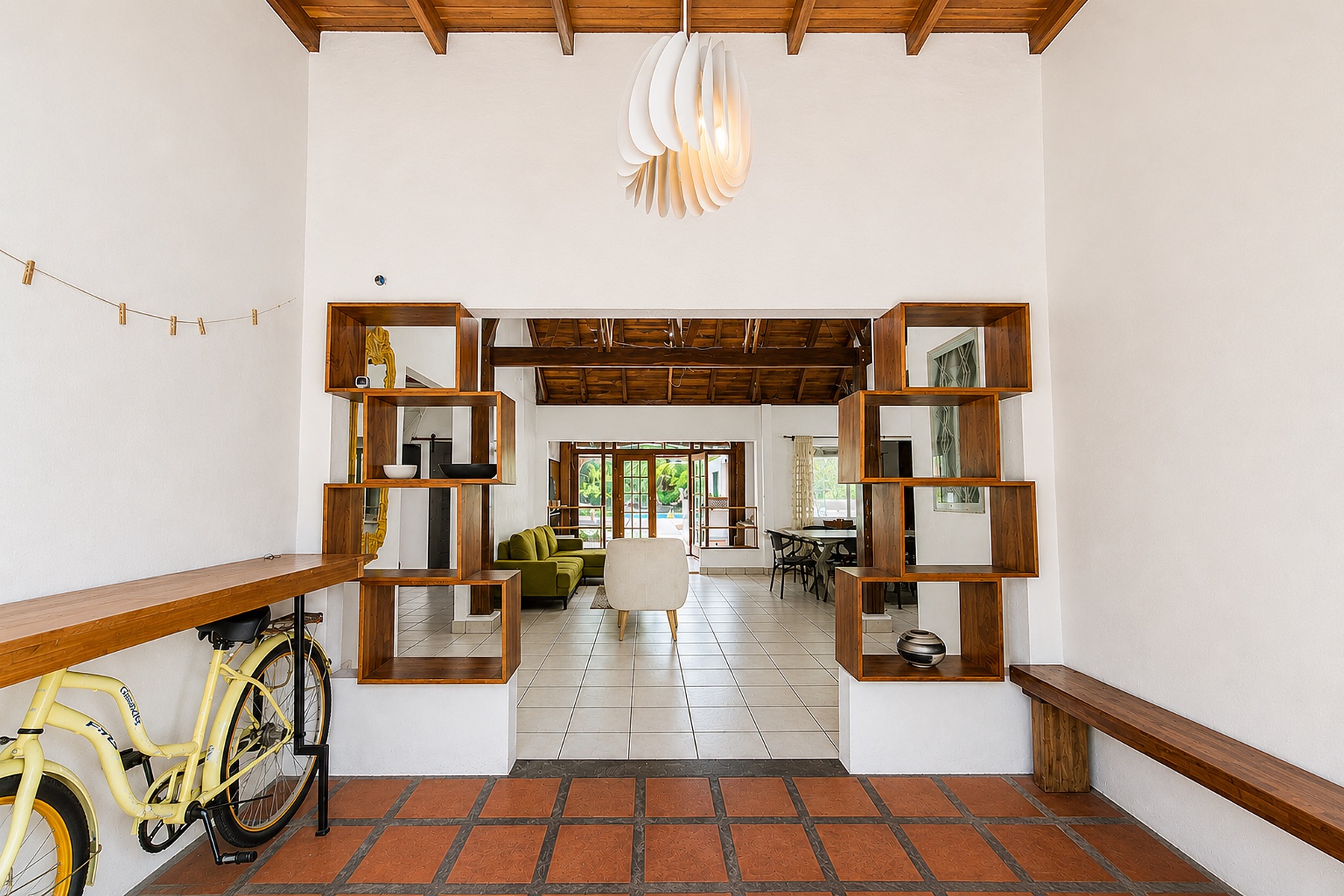 Passage with built-in wood shelves
